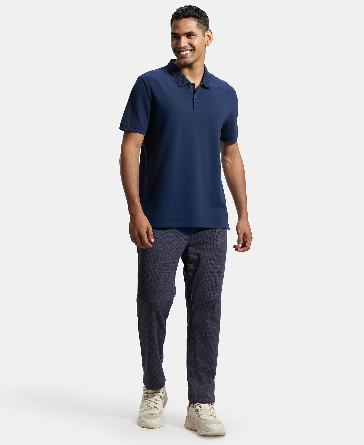 Super Combed Cotton Rich Pique Fabric Solid Half Sleeve Polo T-Shirt - Navy-4